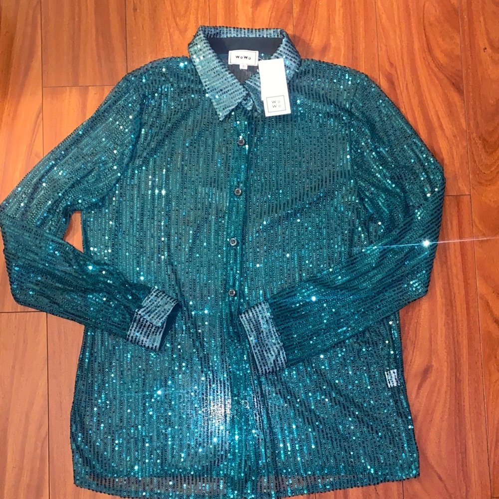 ⭐️ Sequin Teal / Green Button-Down Top NwT 🌟
